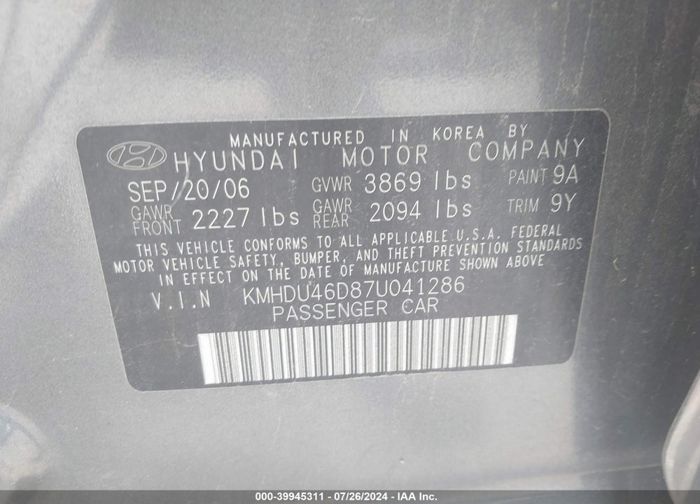 2007 HYUNDAI ELANTRA GLS/LIMITED/SE VIN: KMHDU46D87U041286