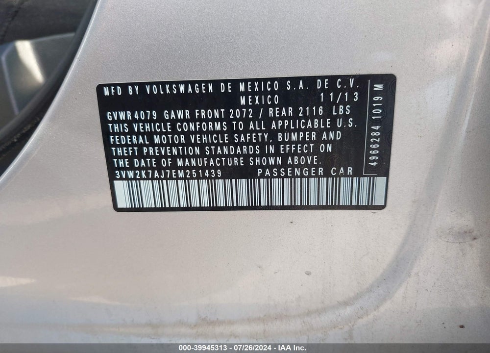 2014 VOLKSWAGEN JETTA 2.0L S VIN: 3VW2K7AJ7EM251439