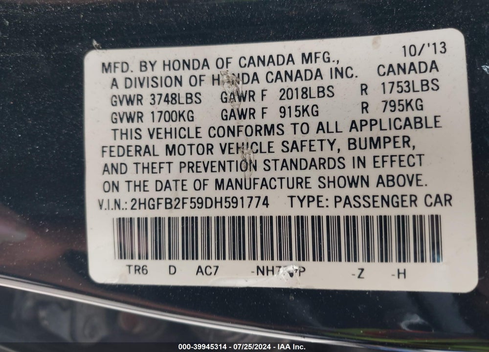 2013 HONDA CIVIC LX VIN: 2HGFB2F59DH591774
