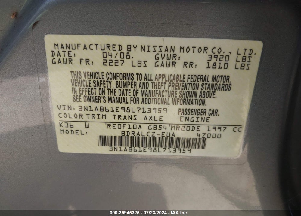 2008 NISSAN SENTRA 2.0 VIN: 3N1AB61E98L713959