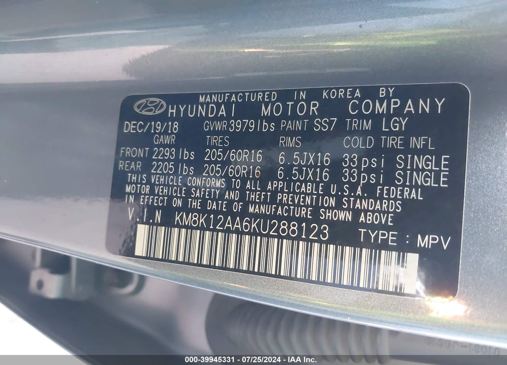 2019 HYUNDAI KONA SE VIN: KM8K12AA6KU288123