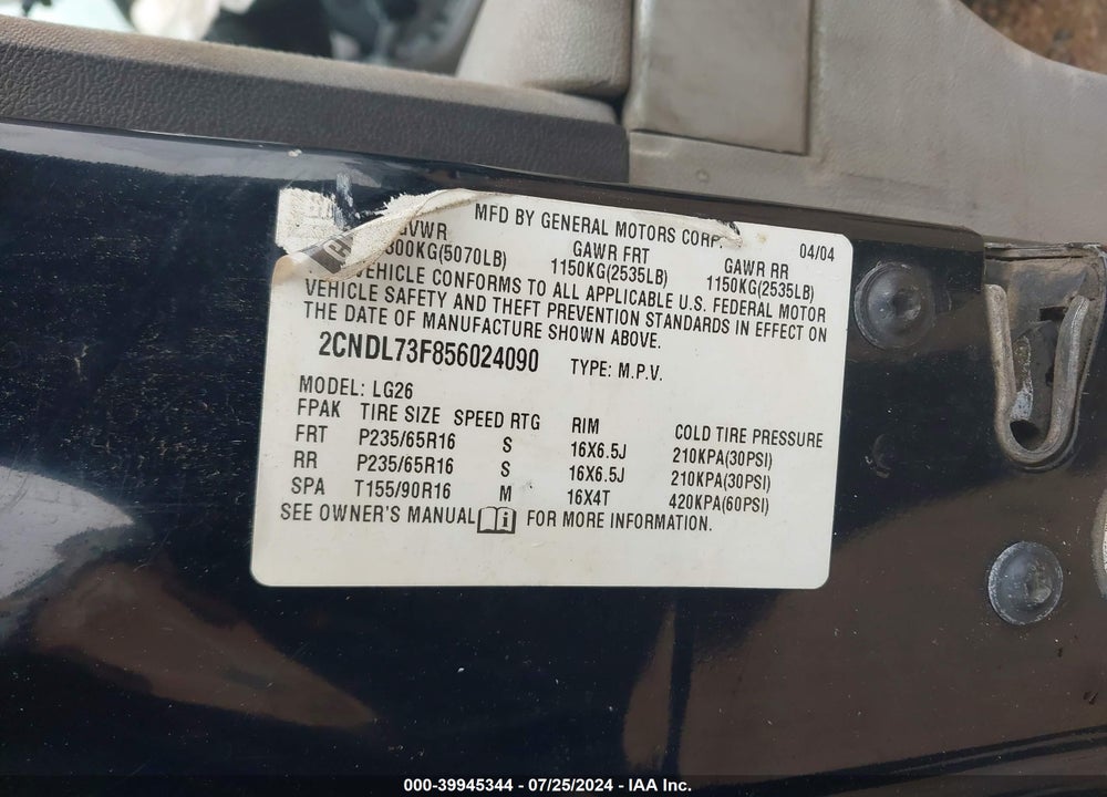 2005 CHEVROLET EQUINOX LT VIN: 2CNDL73F856024090