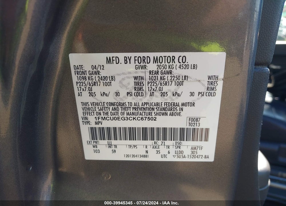 2012 FORD ESCAPE LIMITED VIN: 1FMCU0EG3CKC67502