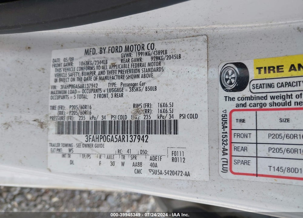 2010 FORD FUSION S VIN: 3FAHP0GA5AR137942