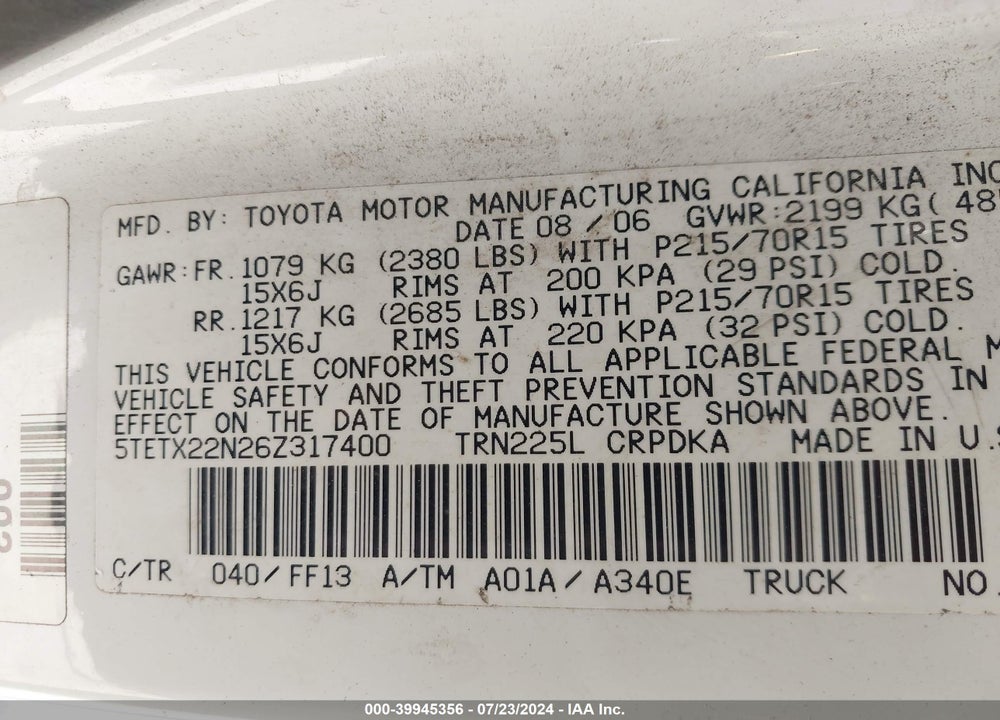 2006 TOYOTA TACOMA VIN: 5TETX22N26Z317400