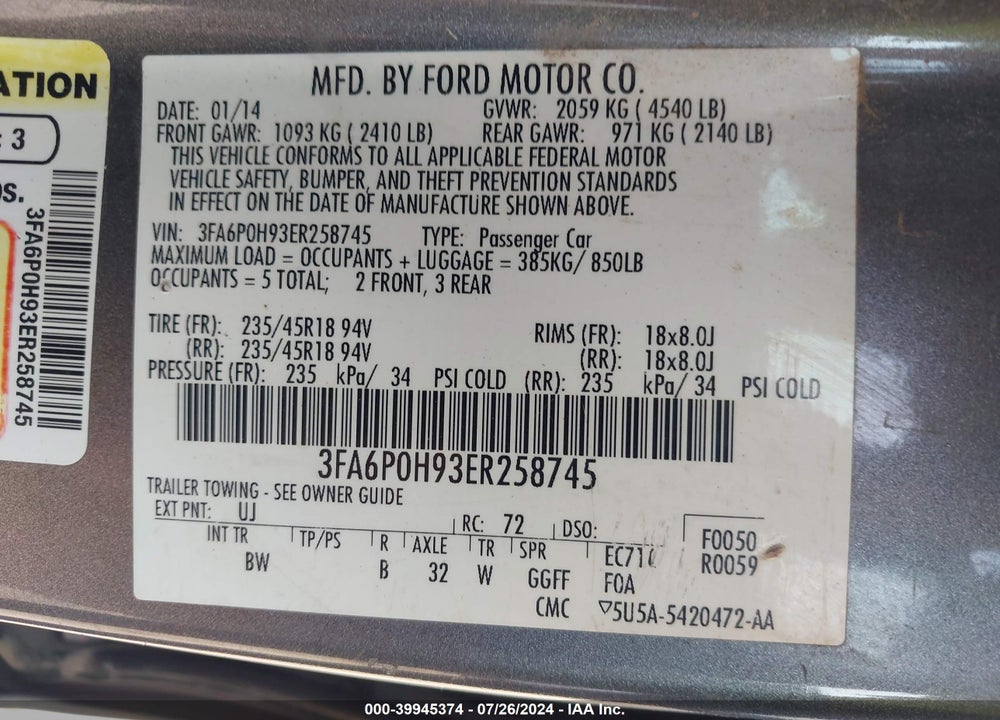 2014 FORD FUSION SE VIN: 3FA6P0H93ER258745