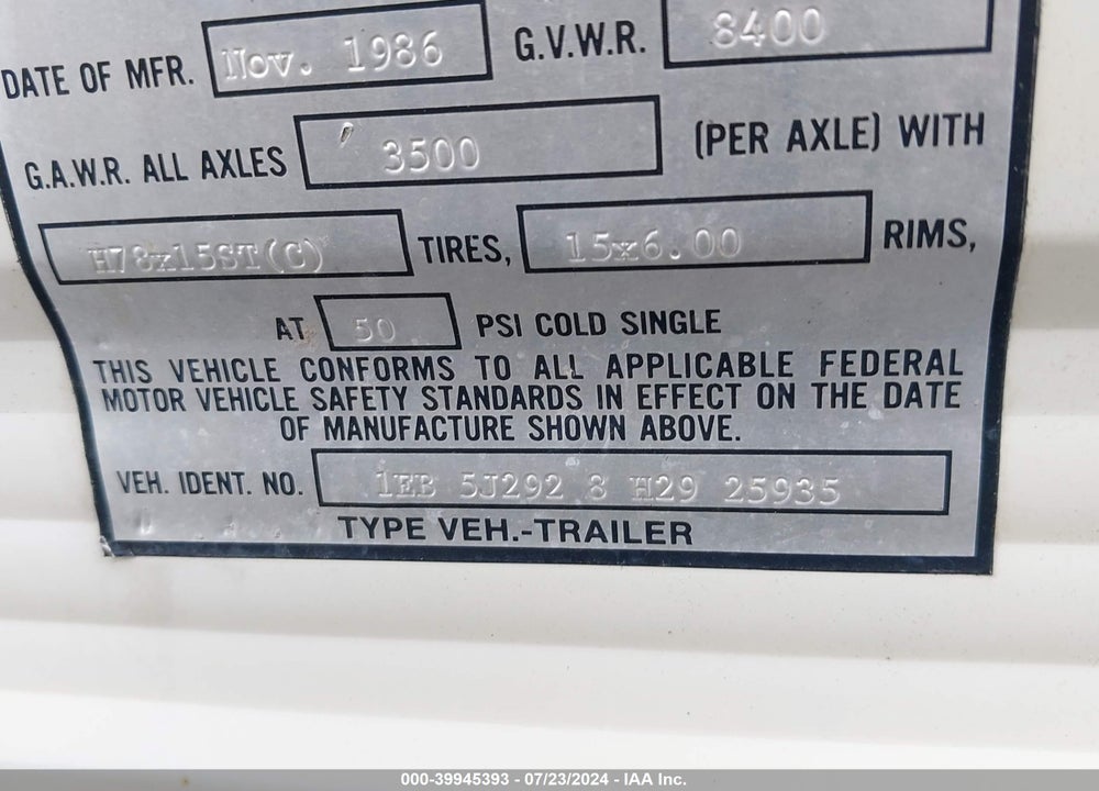1987 FLEETWOOD TERRY VIN: 1EB5J2928H2925935