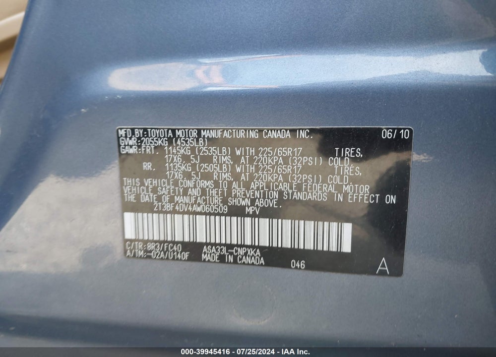 2010 TOYOTA RAV4 VIN: 2T3BF4DV4AW060509