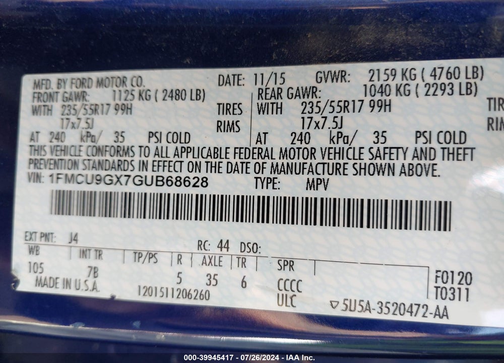 2016 FORD ESCAPE SE VIN: 1FMCU9GX7GUB68628