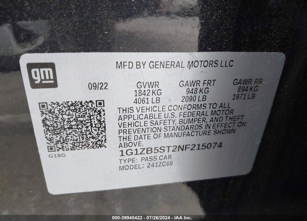 2022 CHEVROLET MALIBU FWD LS VIN: 1G1ZB5ST2NF215074