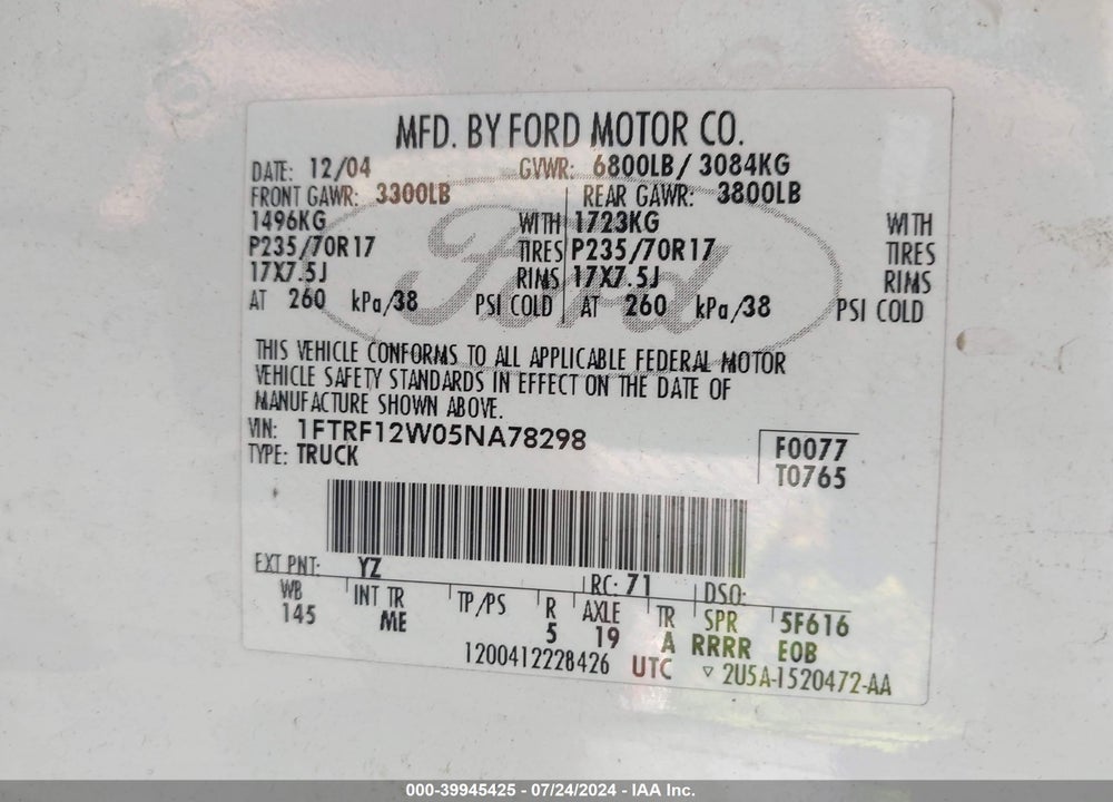 2005 FORD F-150 STX/XL/XLT VIN: 1FTRF12W05NA78298