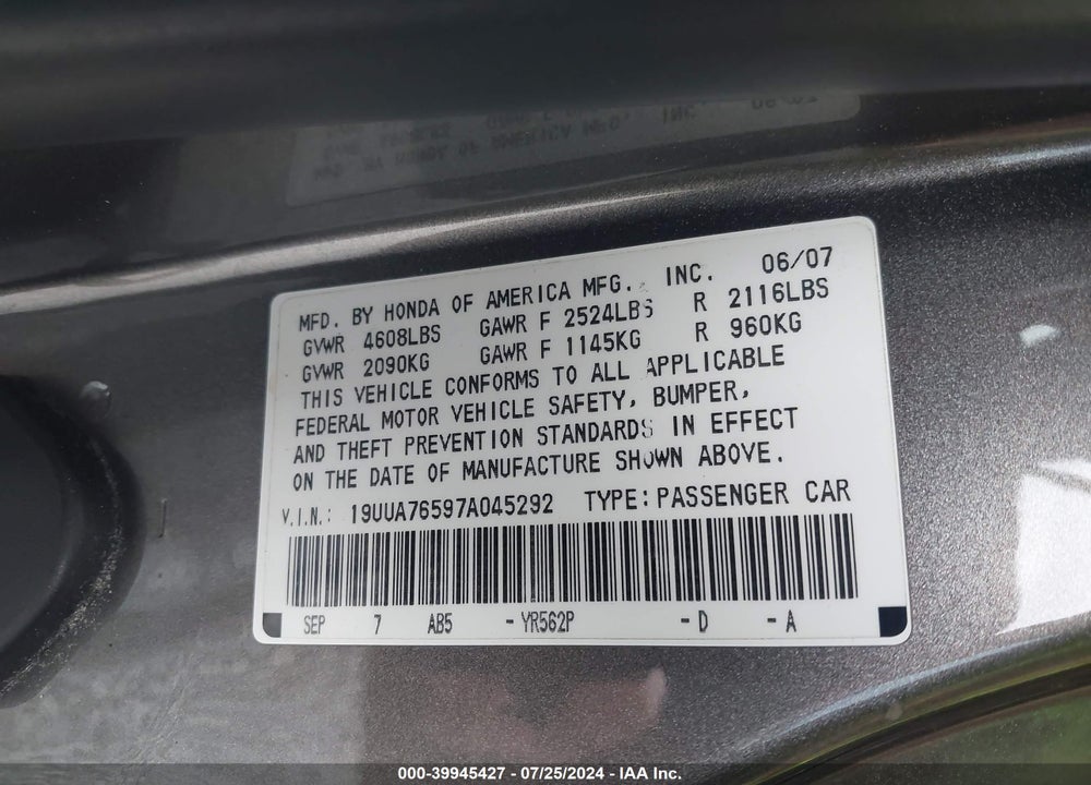 2007 ACURA TL TYPE S VIN: 19UUA76597A045292
