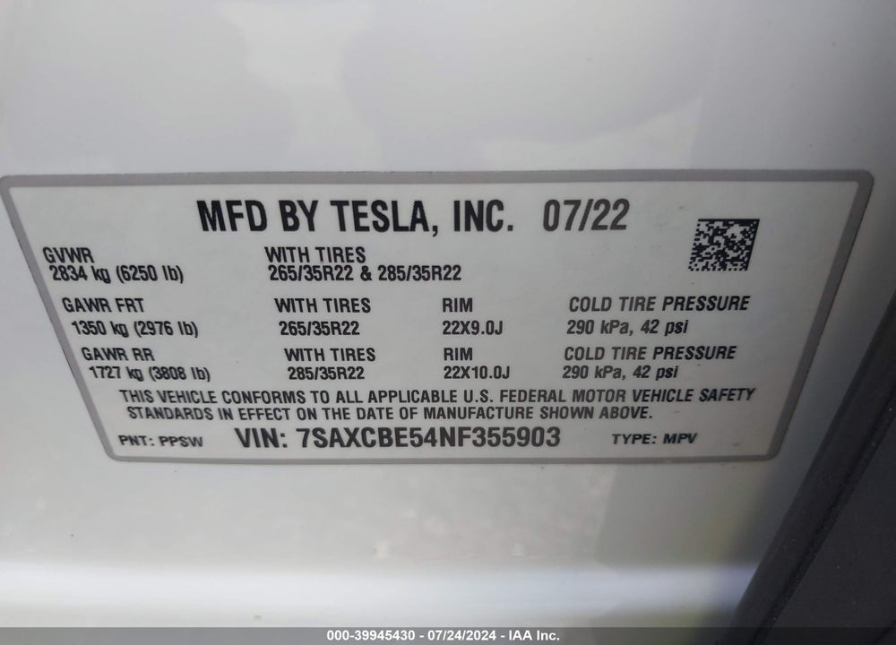2022 TESLA MODEL X DUAL MOTOR ALL-WHEEL DRIVE VIN: 7SAXCBE54NF355903
