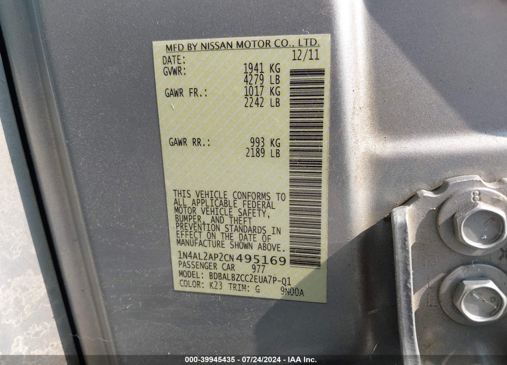 2012 NISSAN ALTIMA 2.5 S VIN: 1N4AL2AP2CN495169