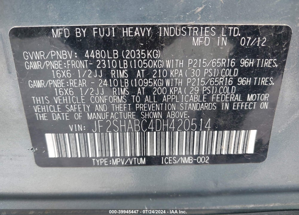 2013 SUBARU FORESTER 2.5X VIN: JF2SHABC4DH420514