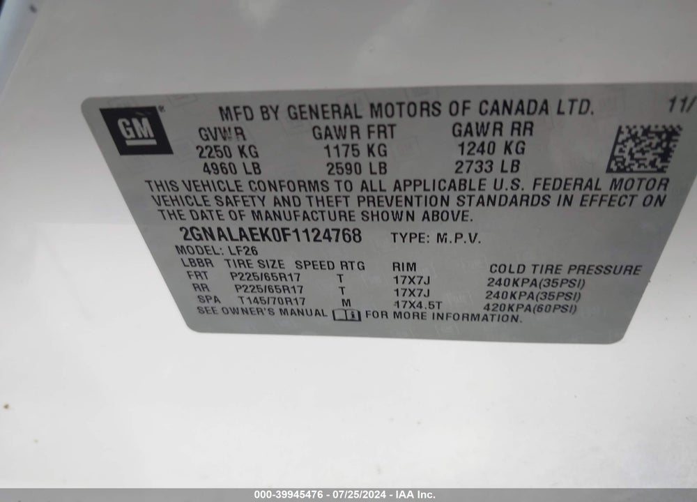 2015 CHEVROLET EQUINOX LS VIN: 2GNALAEK0F1124768