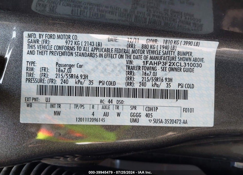2012 FORD FOCUS SE VIN: 1FAHP3F2XCL310030