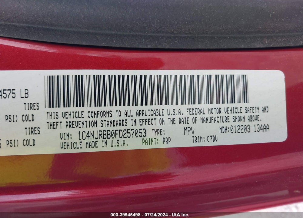 2015 JEEP PATRIOT SPORT VIN: 1C4NJRBB0FD257053