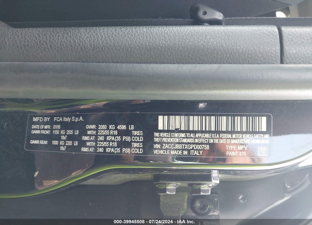 2016 JEEP RENEGADE JUSTICE VIN: ZACCJBBTXGPD00758