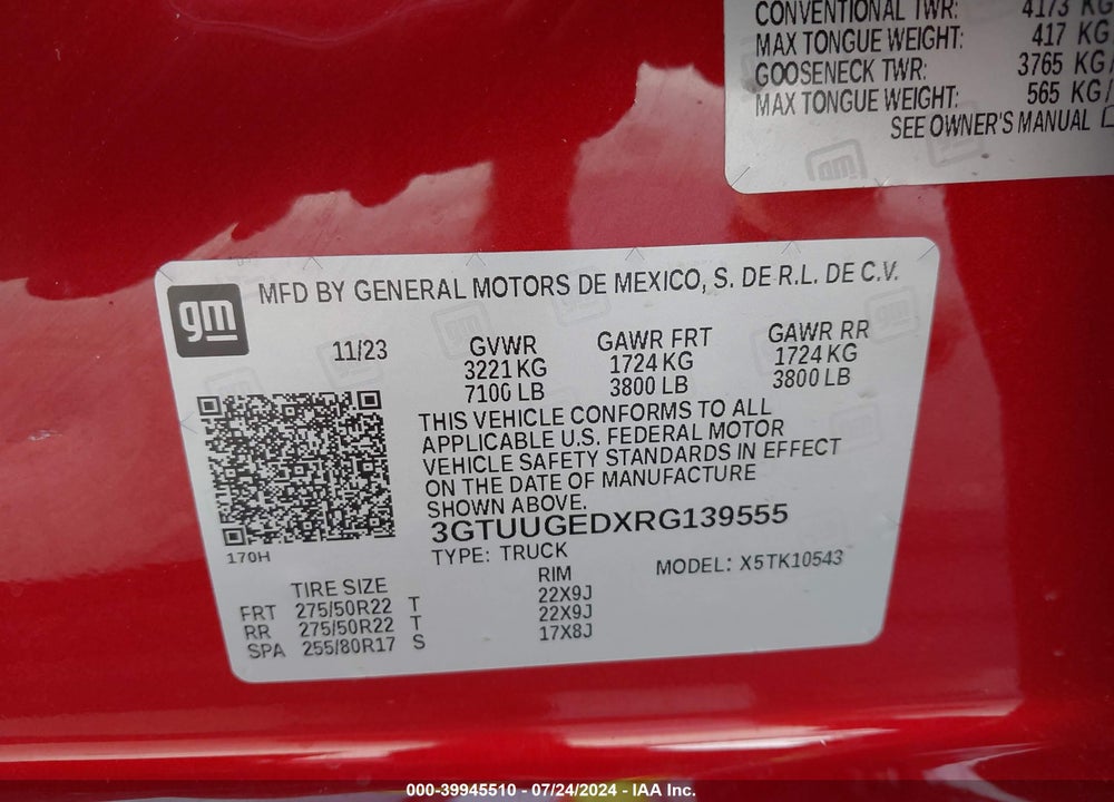 2024 GMC SIERRA 1500 DENALI VIN: 3GTUUGEDXRG139555