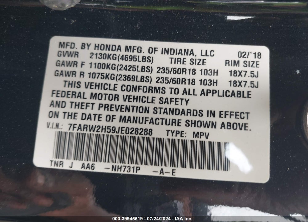 2018 HONDA CR-V EX VIN: 7FARW2H59JE028288