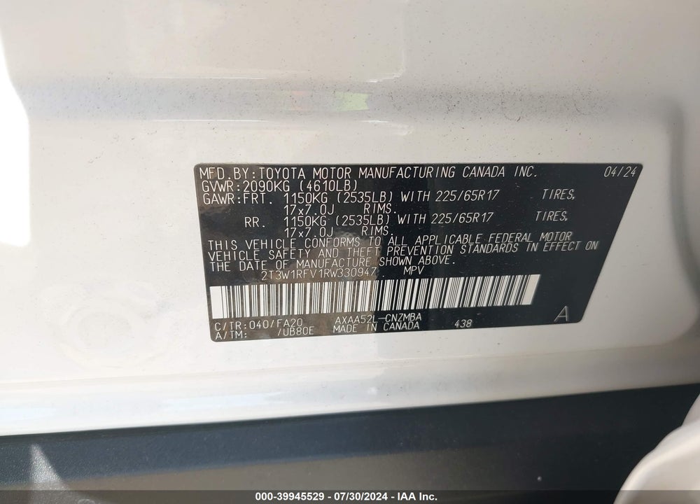 2024 TOYOTA RAV4 XLE VIN: 2T3W1RFV1RW330947