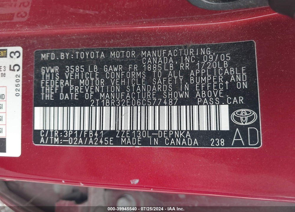 2006 TOYOTA COROLLA CE/LE/S VIN: 2T1BR32E06C577487