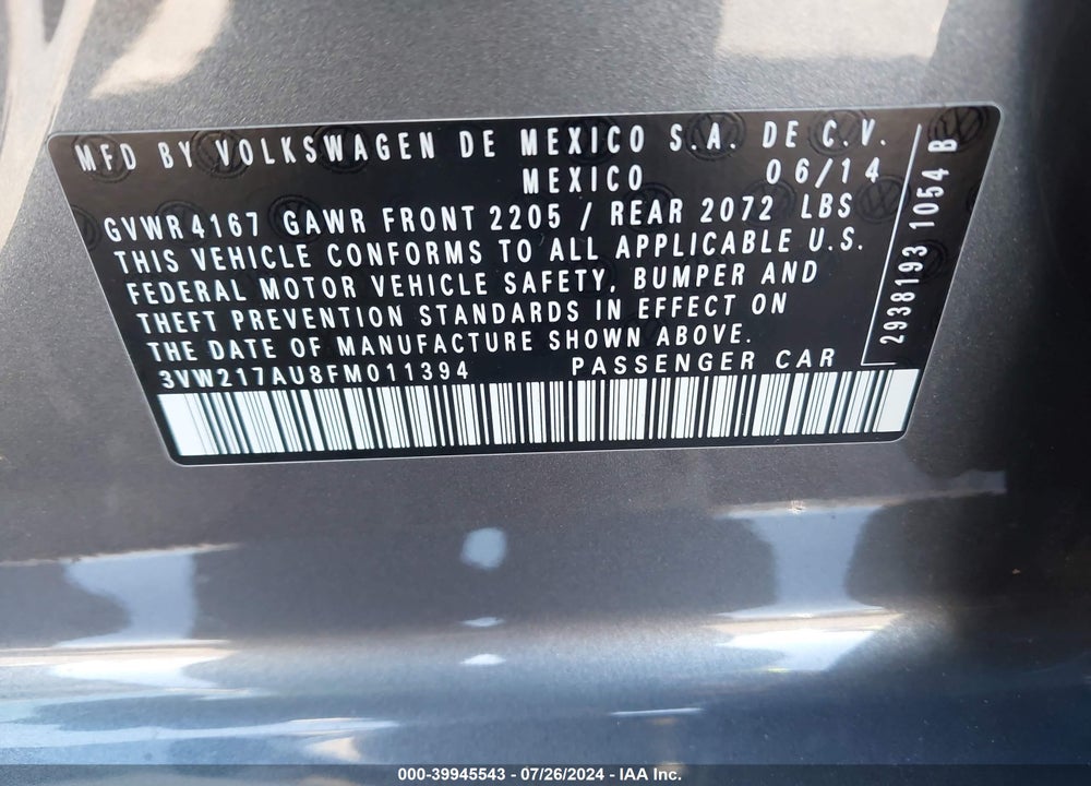 2015 VOLKSWAGEN GOLF TSI SE 4-DOOR VIN: 3VW217AU8FM011394