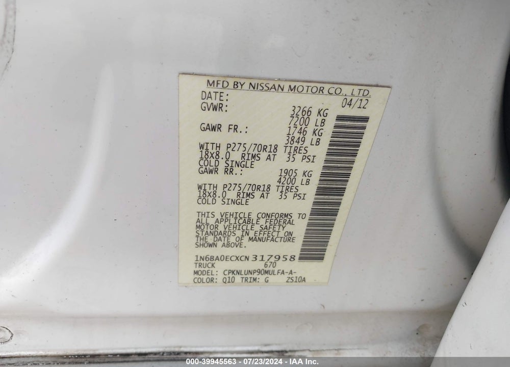 2012 NISSAN TITAN PRO-4X VIN: 1N6BA0ECXCN317958