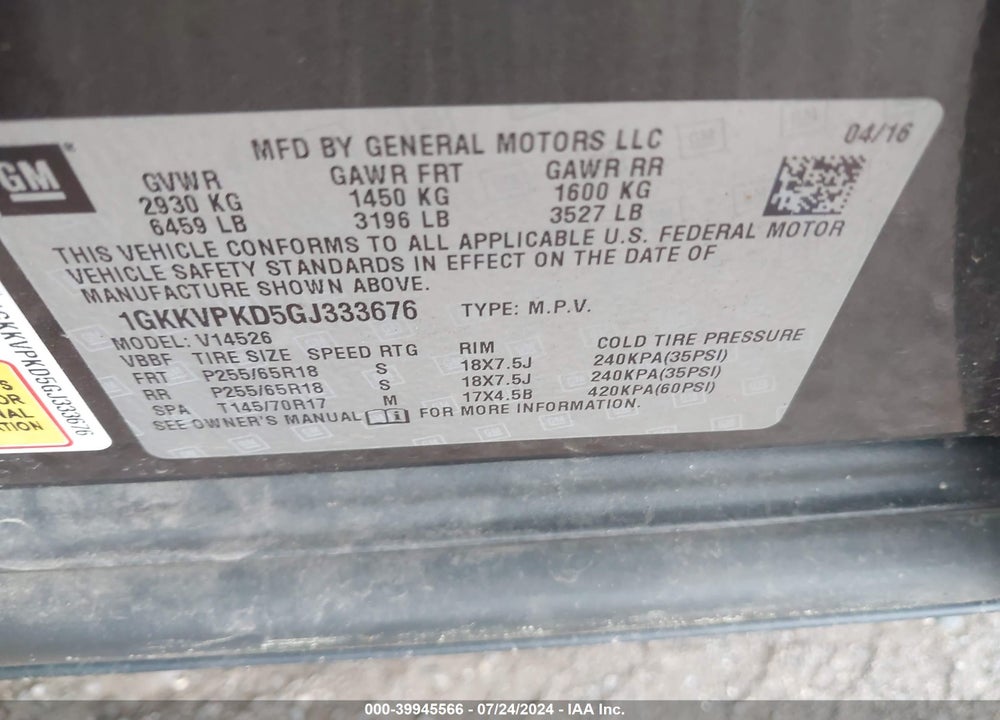 2016 GMC ACADIA SLE-2 VIN: 1GKKVPKD5GJ333676