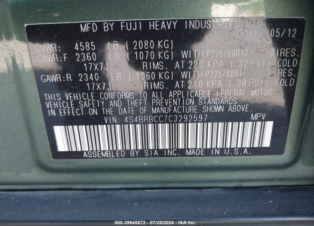2012 SUBARU OUTBACK 2.5I PREMIUM VIN: 4S4BRBCC7C3292597