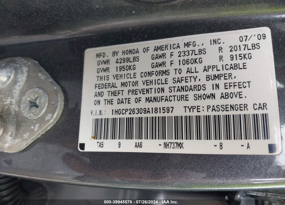 2009 HONDA ACCORD 2.4 LX VIN: 1HGCP26309A181597