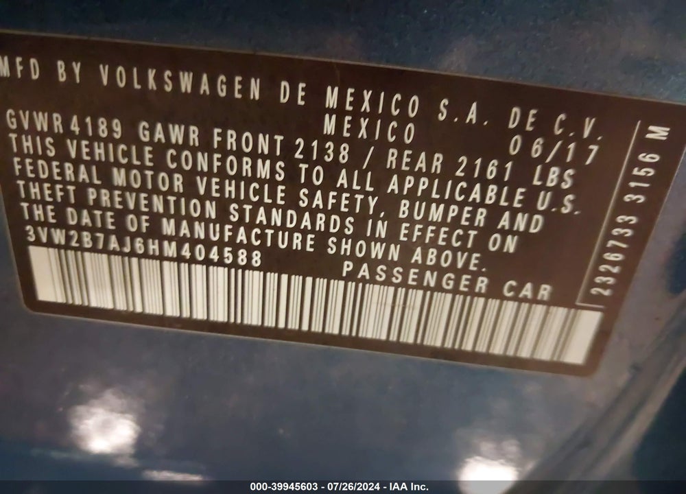 2017 VOLKSWAGEN JETTA 1.4T S VIN: 3VW2B7AJ6HM404588