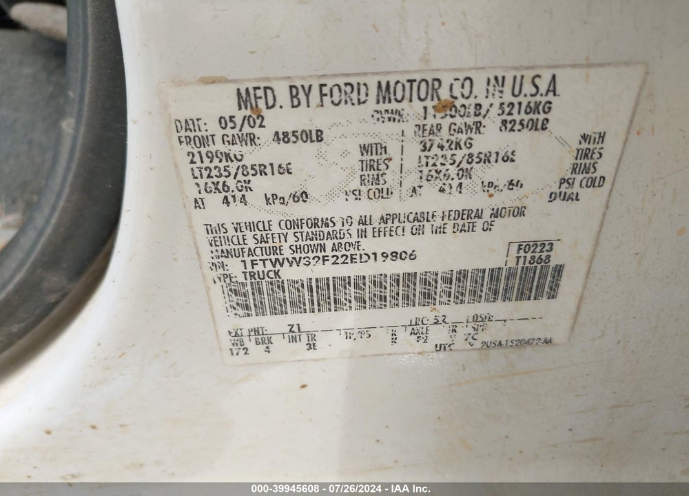 2002 FORD F-350 LARIAT/XL/XLT VIN: 1FTWW32F22ED19806