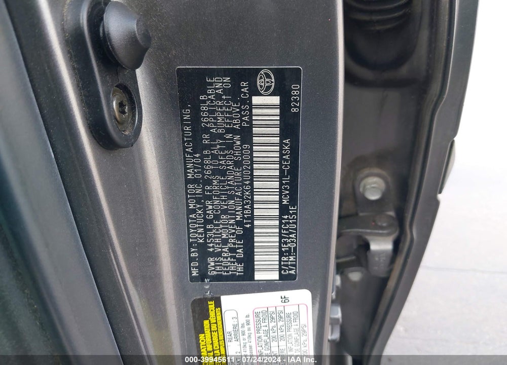 2004 TOYOTA CAMRY SE V6 VIN: 4T1BA32K64U020009