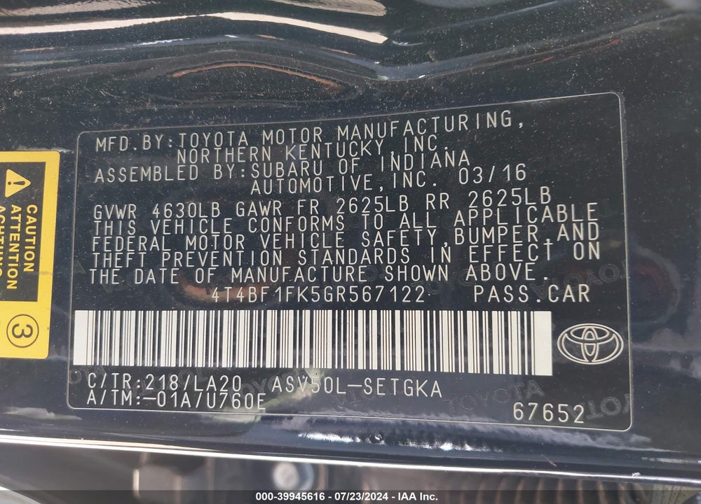 2016 TOYOTA CAMRY XLE VIN: 4T4BF1FK5GR567122