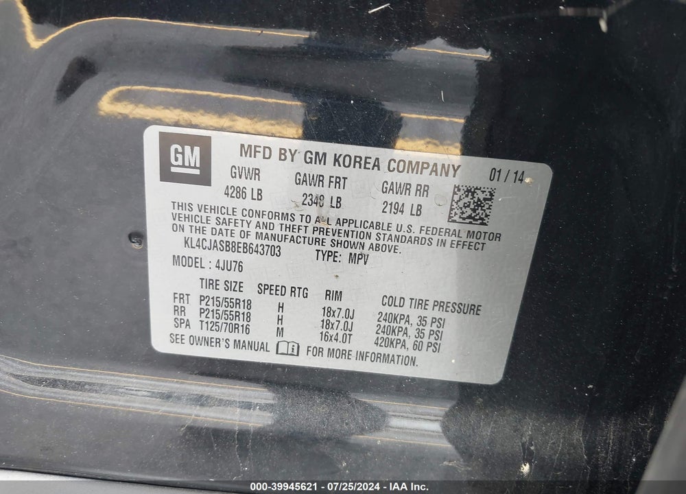 2014 BUICK ENCORE VIN: KL4CJASB8EB643703
