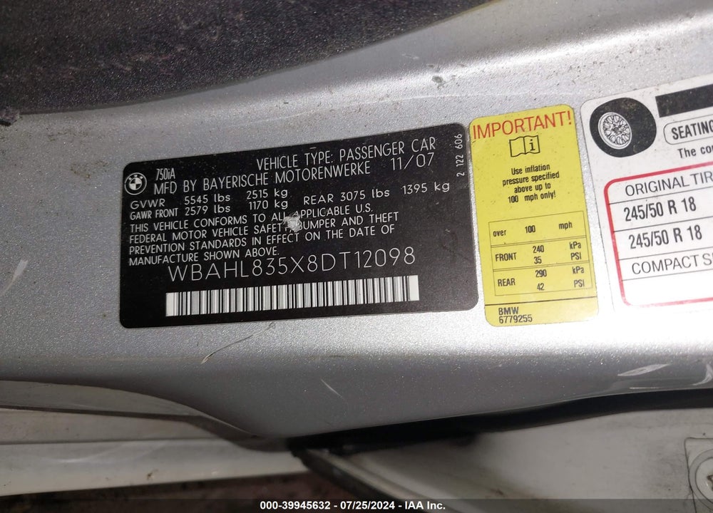 2008 BMW 750I VIN: WBAHL835X8DT12098