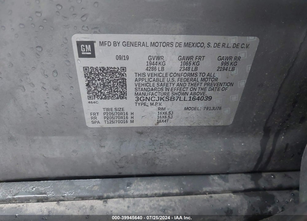 2020 CHEVROLET TRAX FWD LS VIN: 3GNCJKSB7LL164039
