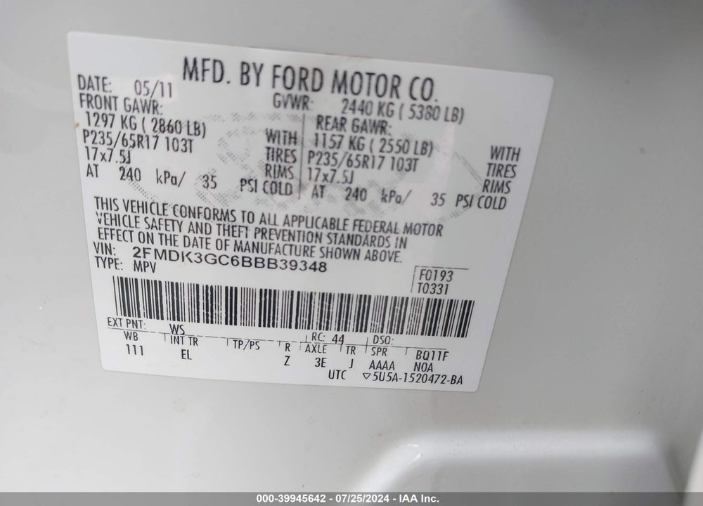 2011 FORD EDGE SE VIN: 2FMDK3GC6BBB39348