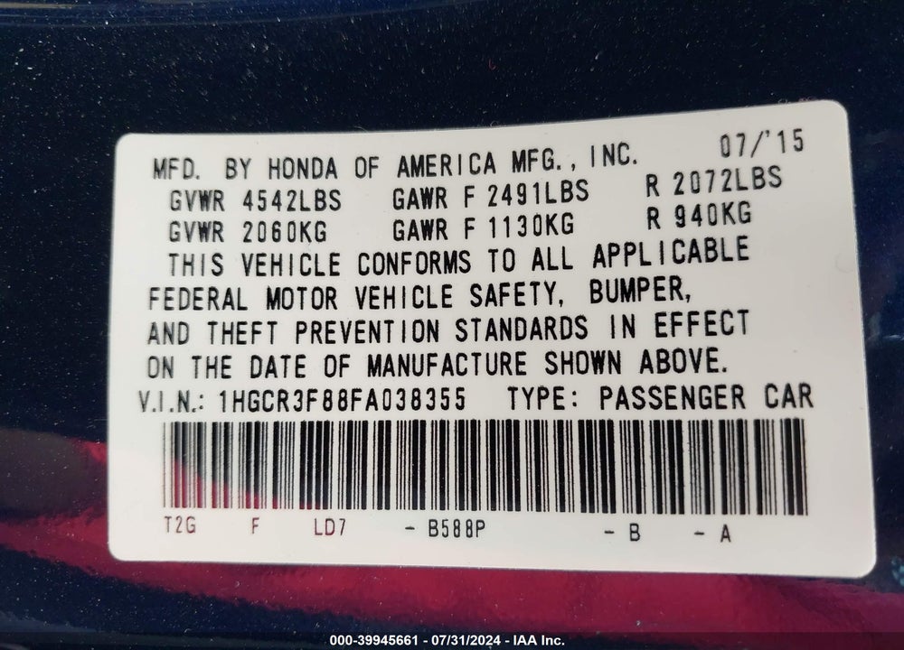 2015 HONDA ACCORD EX-L V-6 VIN: 1HGCR3F88FA038355