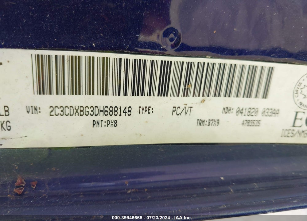 2013 DODGE CHARGER VIN: 2C3CDXBG3DH688148