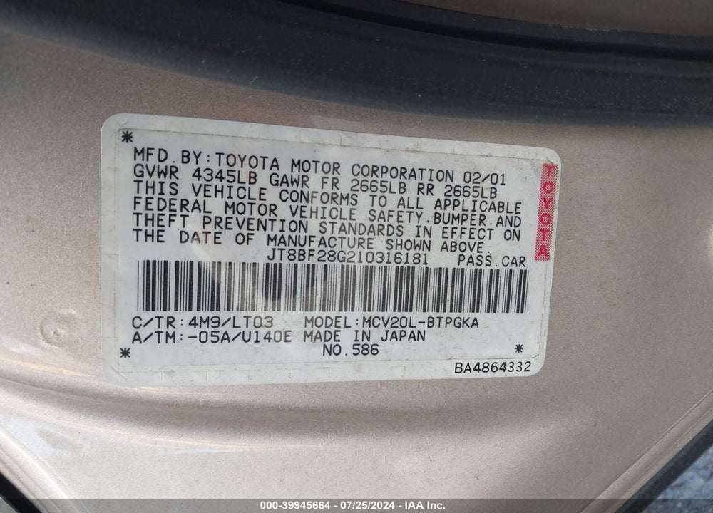 2001 LEXUS ES 300 VIN: JT8BF28G210316181