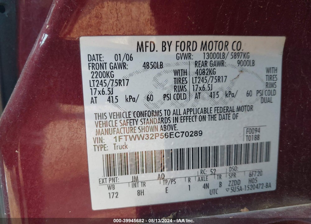 2006 FORD F-350 LARIAT/XL/XLT VIN: 1FTWW32P56EC70289
