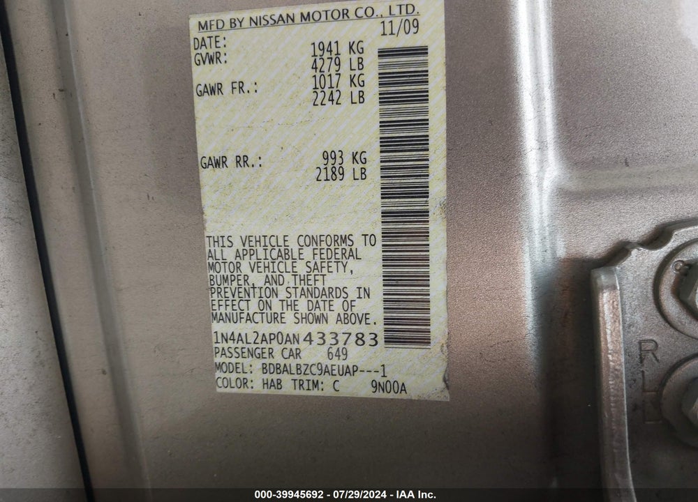 2010 NISSAN ALTIMA 2.5 S VIN: 1N4AL2AP0AN433783
