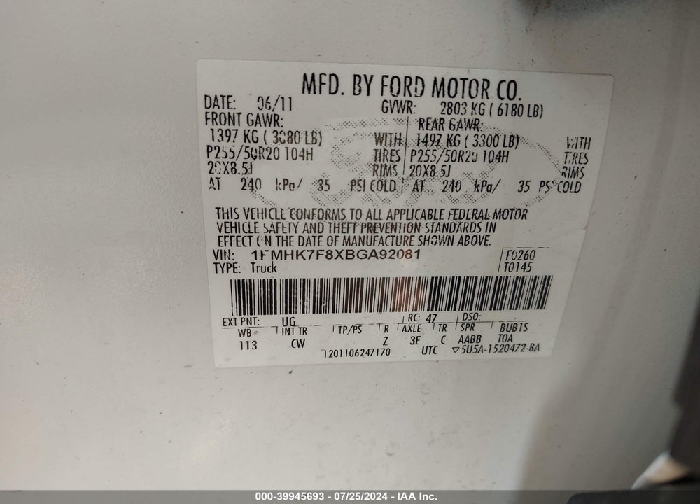 2011 FORD EXPLORER LIMITED VIN: 1FMHK7F8XBGA92081