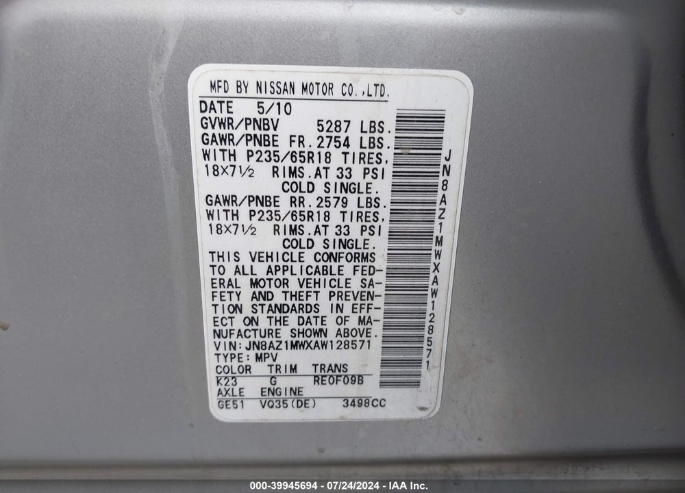 2010 NISSAN MURANO SL VIN: JN8AZ1MWXAW128571