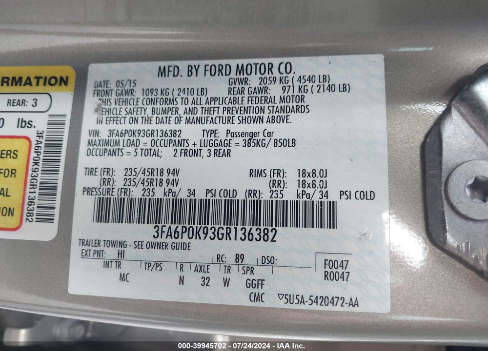 2016 FORD FUSION TITANIUM VIN: 3FA6P0K93GR136382
