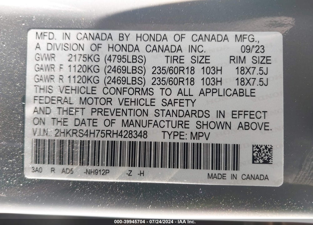 2024 HONDA CR-V EX-L AWD VIN: 2HKRS4H75RH428348