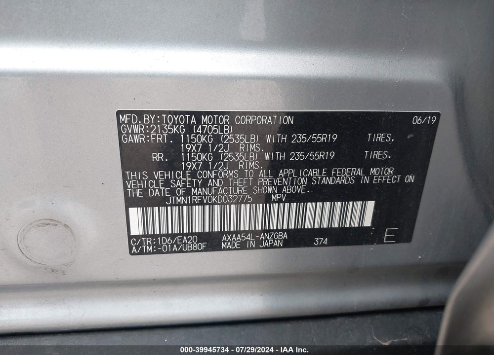 2019 TOYOTA RAV4 LIMITED VIN: JTMN1RFV0KD032775